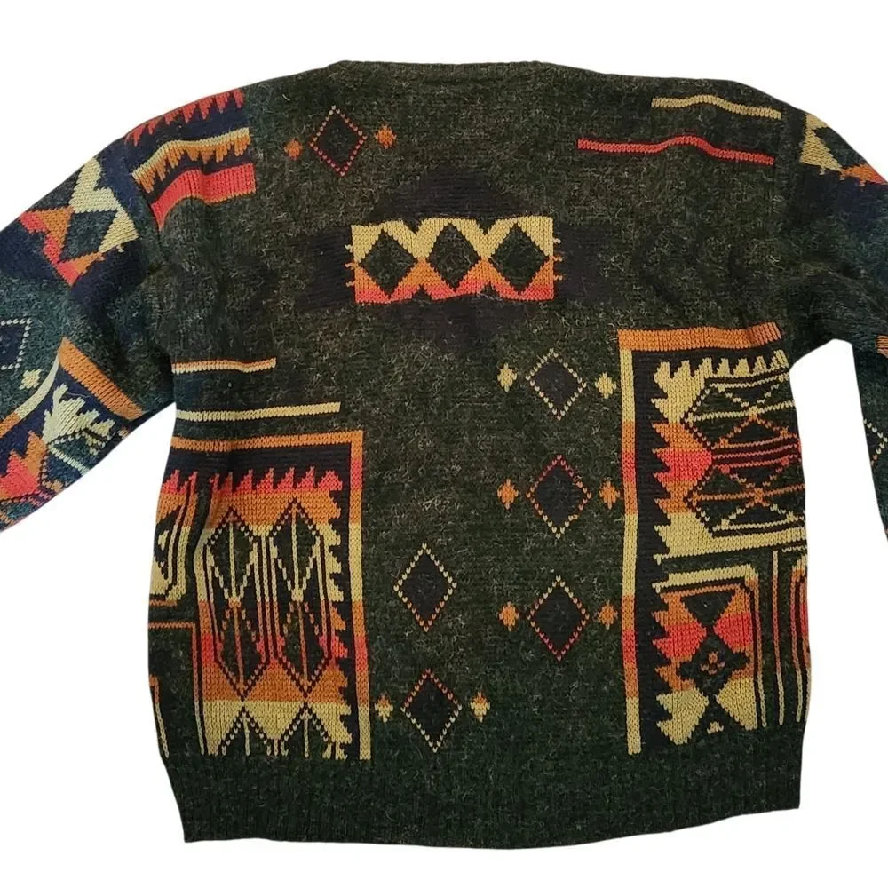 Vintage Peter Jon Sweater Mens XL Green Aztec Southwestern 80s Acrylic Pullover